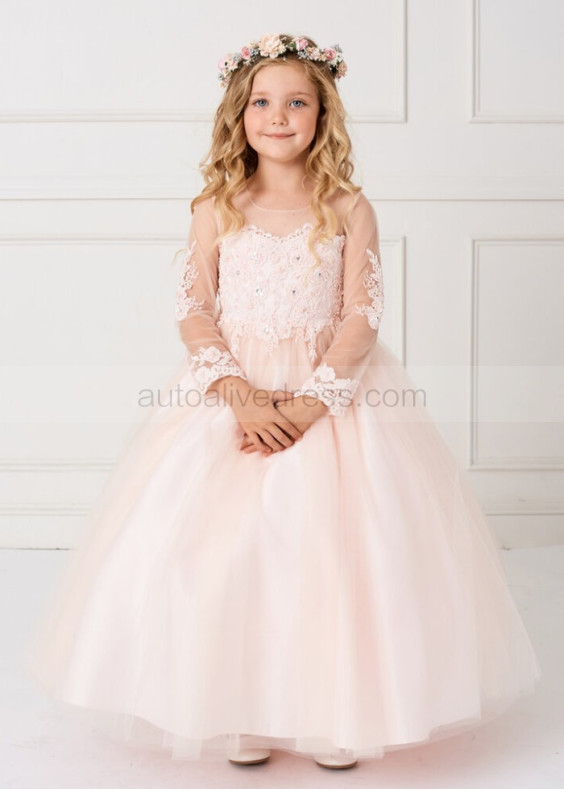 Beaded Lace Tulle Flower Girl Dress With Detachable Train